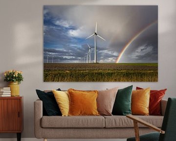 Windmolenpark Eemshaven met regenboog van Peter Bolman