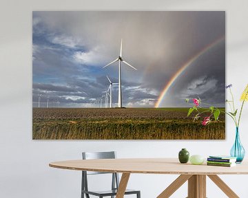 Eemshaven wind farm with rainbow