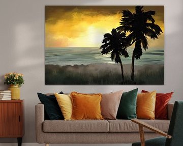 Twee palmbomen op een strand bij zonsondergang van Tanja Udelhofen