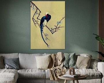 Vogel auf einem Zweig in der Blüte. Japanische Kunst