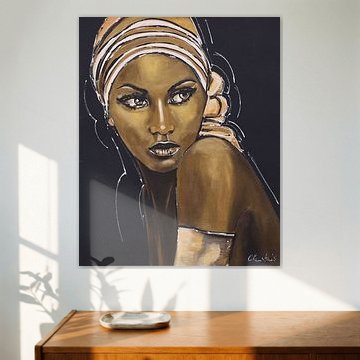 Afrikaanse Vrouw in Zwart Goud van Vrolijk Schilderij