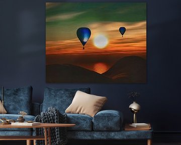 Heteluchtballonnen varen over de zee zonsondergang van Jan Keteleer