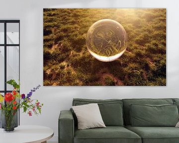 Boule de verre sur une zone herbeuse et sous le soleil du matin sur Besa Art