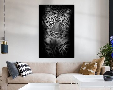 Verticaal portret van een zwart-wit luipaard die in de nacht naar je toe loopt, met een schuine kop  van Michael Semenov