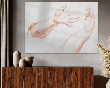 Old hand and arm study in various positions in red chalk on paper by Henk Vrieselaar