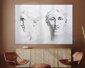 Etude ancienne d'une tête, vue de face et de profil, en noir et blanc