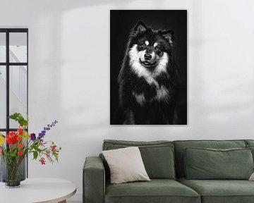 Portrait d'art d'un chien Finnois Lapphund en noir et blanc 2/3 sur Lotte van Alderen