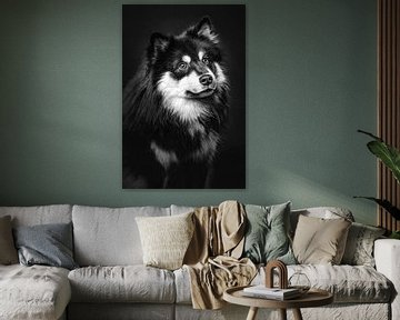 Portrait d'art d'un chien de Finnois Lapphund en noir et blanc 1/3 sur Lotte van Alderen