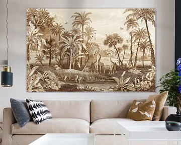 Jungle vintage with giraffes, ferns, palms and water with birds.
