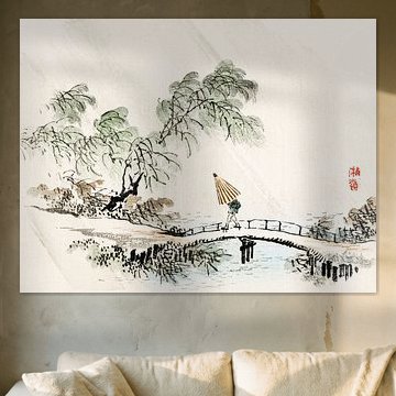 Een man die in de regen de brug oversteekt door Kōno Bairei van Studio POPPY