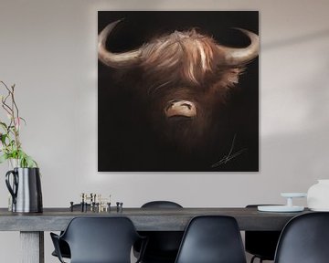 Schottischer Highlander Kopf auf schwarzem Hintergrund - Digital Artwork