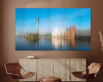 panorama abstracte meervoudige belichting media haven Düsseldorf met Gehry gebouwen en televisietore van Dieter Walther