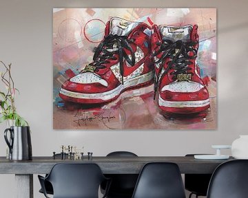 Nike Dunk High Pro SB Supreme Red Stars schilderij van Jos Hoppenbrouwers