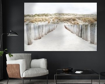 Wooden poles against marram grass overgrown dunes. by Ron van der Stappen