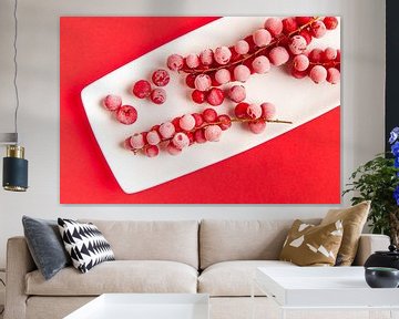 Rote Beeren mit reifen Früchten auf einem weißen Teller vor einem roten Hintergrund. von Ans van Heck