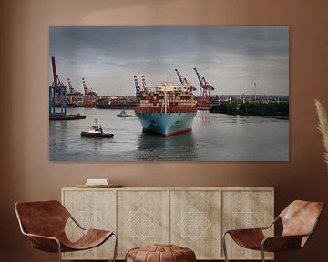 Containerschip in de haven van Hamburg van Jonas Weinitschke
