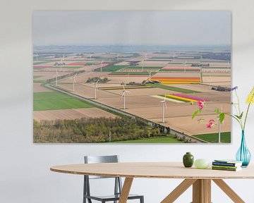 Luchtfoto van windturbines en tulpenvelden in Flevoland