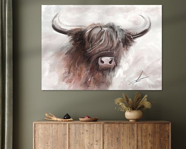 Painting of a Scottish Highlander. Beautiful rural artwork with soft warm grey tones combined with b