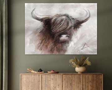 Gemälde eines schottischen Highlanders. Schönes ländliches Kunstwerk mit weichen warmen Grautönen ko von Emiel de Lange