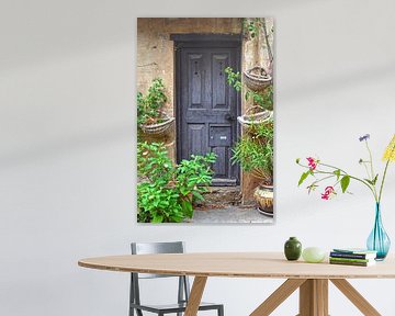 Old medieval village front door with plants