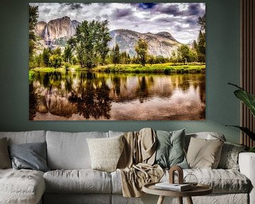 Reflection river landscape Yosemite Falls in Merced River Yosemite National Park California by Dieter Walther