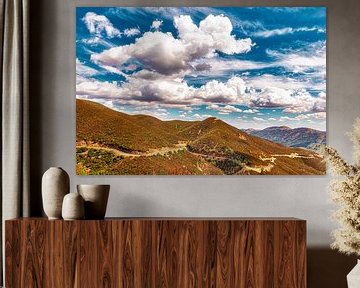 Serpentijn in bruin heuvelgebied met wolken in Sierry Nevada Californië van Dieter Walther