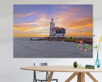 Lighthouse 'The Horse of Marken' near Marken on the IJsselmeer at sunset by Eye on You