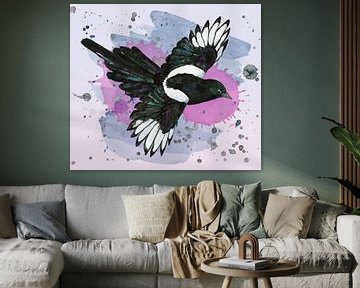 A watercolour drawing of a flying magpie