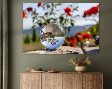 Moezellandschap en bosje met rode rozen in een kristallen bol van Reiner Conrad