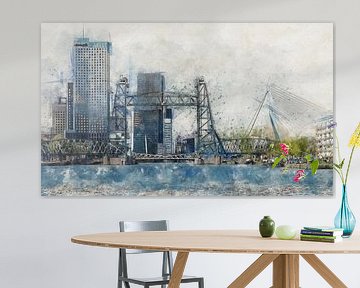 Watercolor with sketch of Rotterdam with De Hef by Arjen Roos