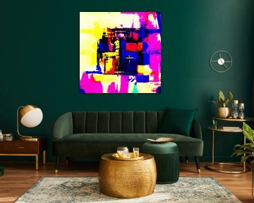 Œuvre d'art numérique moderne et abstraite en jaune, rose et bleu sur Art By Dominic