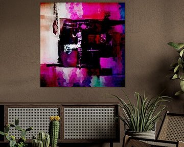 Modern, Abstract Digitaal Kunstwerk in Zwart Roze Paars van Art By Dominic