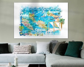 Aruba Bonaire Curacao Carte de voyage illustrée des îles avec routes sur Markus Bleichner