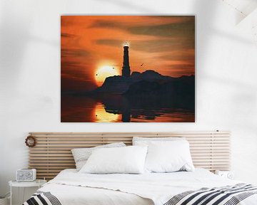 Phare avec un coucher de soleil et des nuages de dentelles tourbillonnantes sur Jan Keteleer