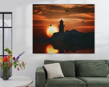 Lighthouse with a sunset and a gull by Jan Keteleer