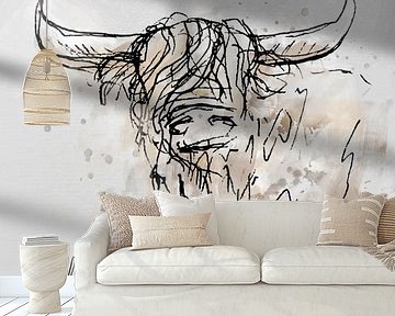 Digitaal artwork - schilderij van een stier of koe. Inkt tekening ingekleurd in waterverf stijl van Emiel de Lange