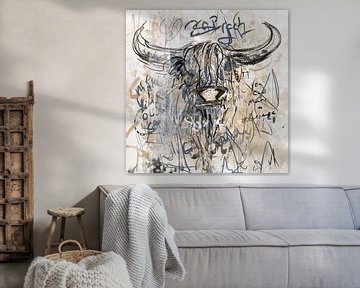 Modern landelijk schilderij van een schotse hooglander stier
