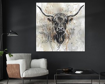Modern landelijk schilderij van een schotse hooglander stier van Emiel de Lange