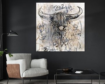 Modern rural painting of a Scottish highlander bull by Emiel de Lange
