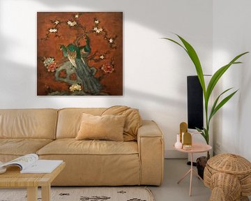 Schilderij voorstelling met pauwen geschilderd op leer van Liesbeth Govers voor omdewest.com