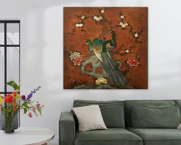 Schilderij voorstelling met pauwen geschilderd op leer van Liesbeth Govers voor Santmedia.nl