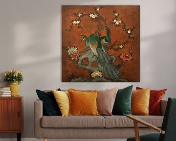 Scène chinoise avec paons peinte sur cuir sur Liesbeth Govers voor omdewest.com
