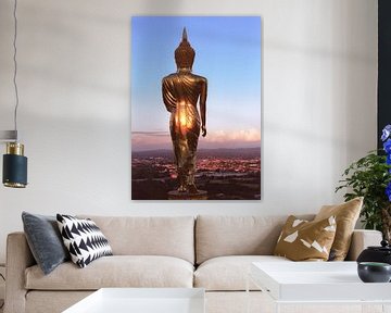 Golden glow on walking Buddha - sunset Thailand Fine Art Prints by Simone Zomerdijk