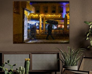 Cafe Hindenburg tijdens een regenachtige avond in Spiers