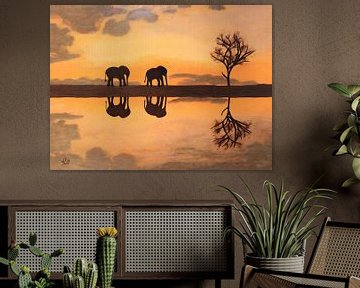 Schilderij met afrikaanse olifanten bij zonsondergang