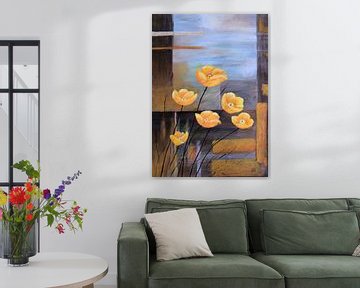 Schilderij met gele lente bloemen