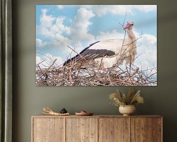Une cigogne se tient dans le nid, une brindille dans son bec. Ciel bleu avec des nuages blancs en ar