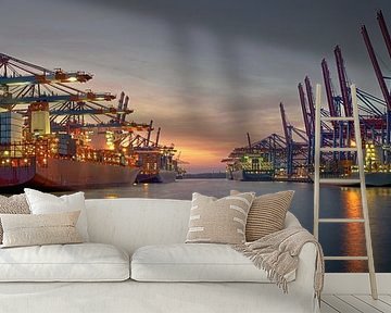 Containerschiffe im Hamburger Hafen bei Sonnenuntergang von Jonas Weinitschke