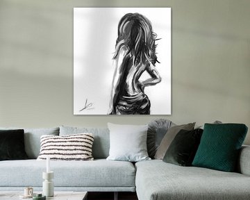 Zwart wit olieverf schilderij van vrouw met spijkerbroek en ontbloot bovenlichaam