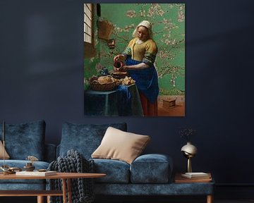 The milkmaid with almond blossom wallpaper (Green) - Vincent van Gogh - Johannes Vermeer
